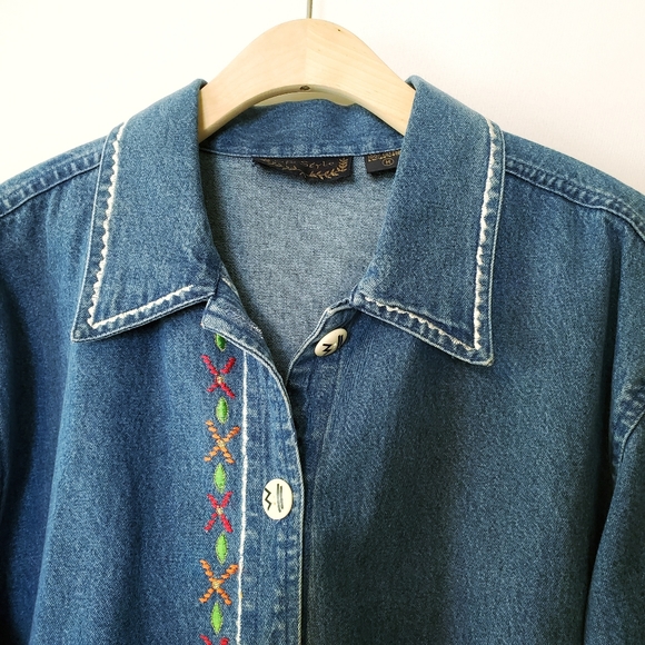 Aztec Southwestern Tribal Boho Embroidered Denim Jean Jacket - Picture 2 of 11